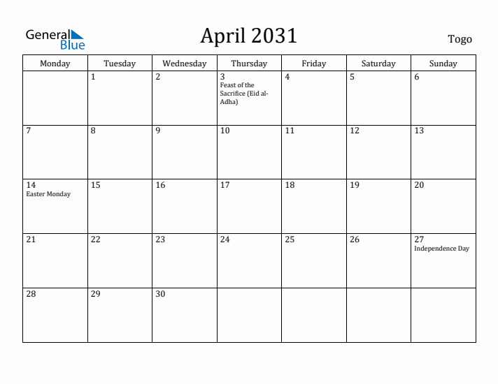 April 2031 Calendar Togo