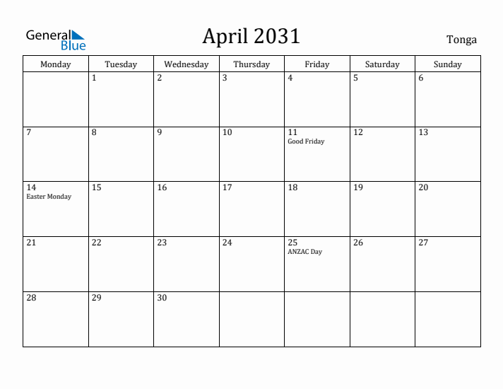 April 2031 Calendar Tonga