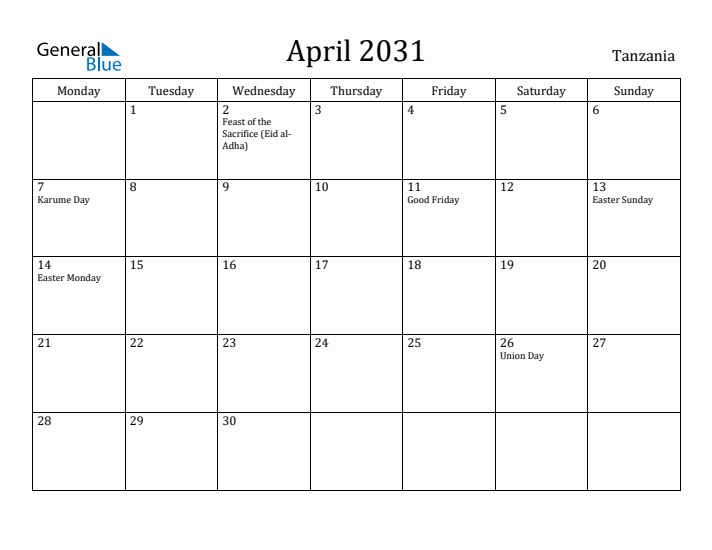 April 2031 Calendar Tanzania