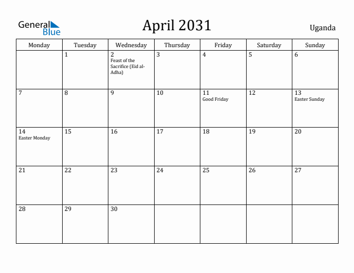 April 2031 Calendar Uganda