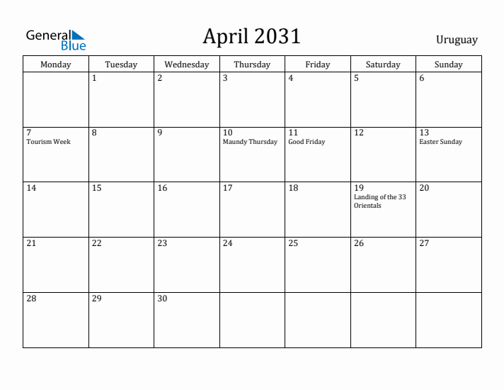 April 2031 Calendar Uruguay