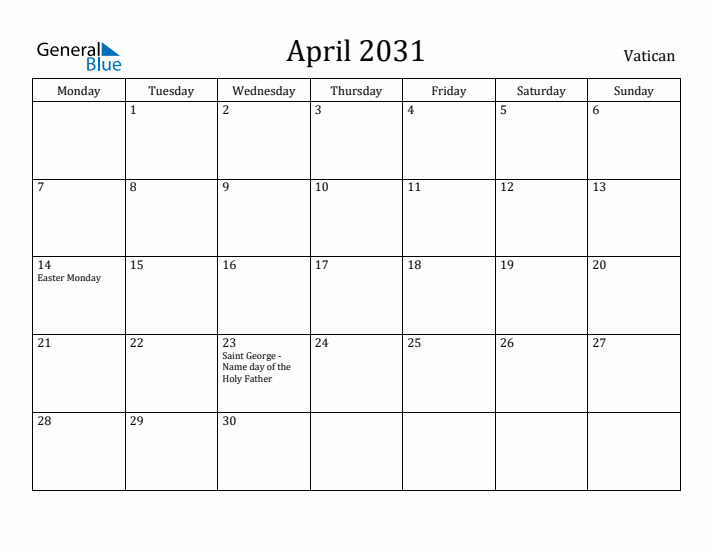 April 2031 Calendar Vatican
