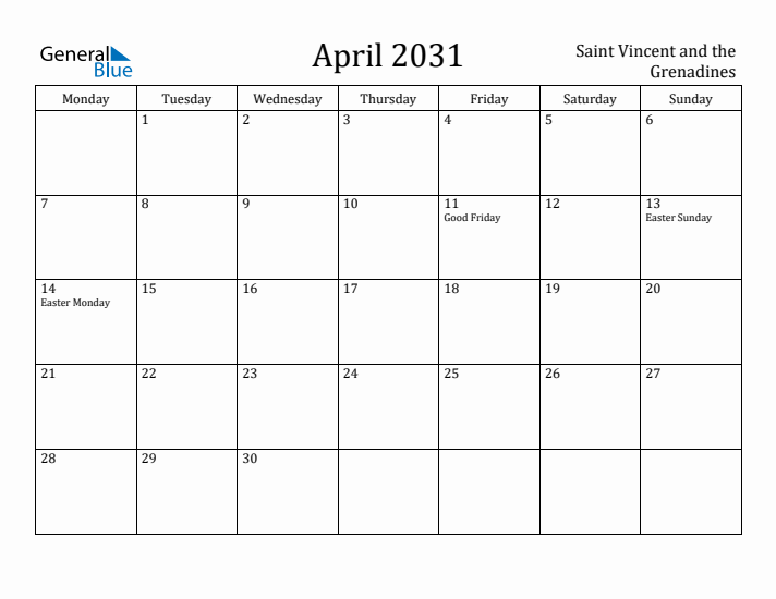 April 2031 Calendar Saint Vincent and the Grenadines