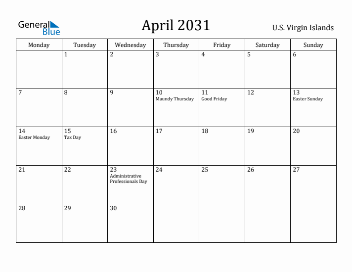 April 2031 Calendar U.S. Virgin Islands