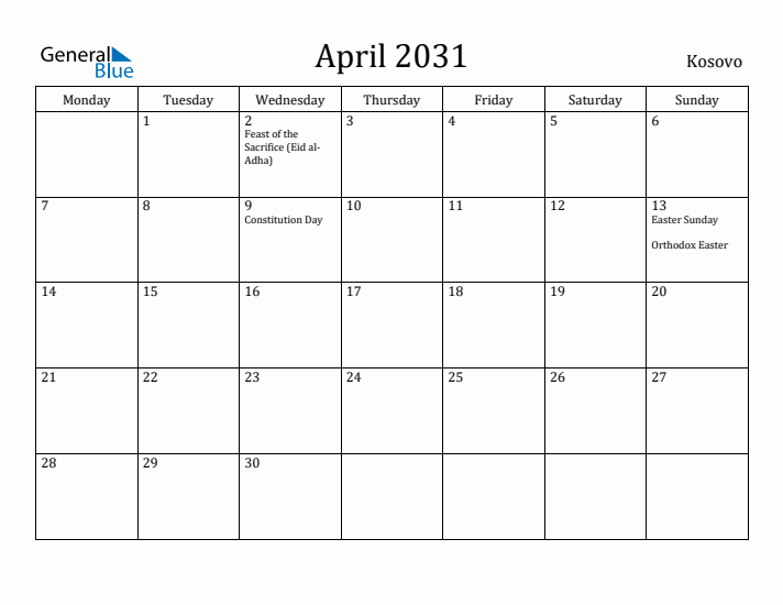 April 2031 Calendar Kosovo