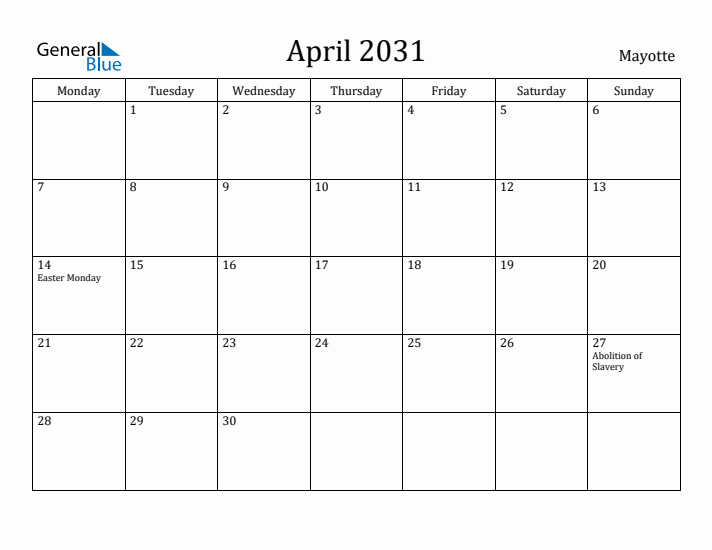April 2031 Calendar Mayotte