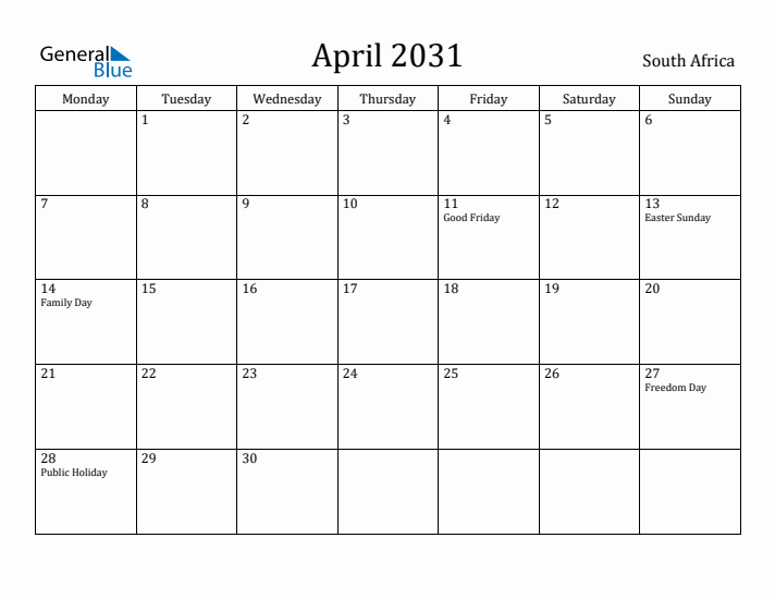 April 2031 Calendar South Africa