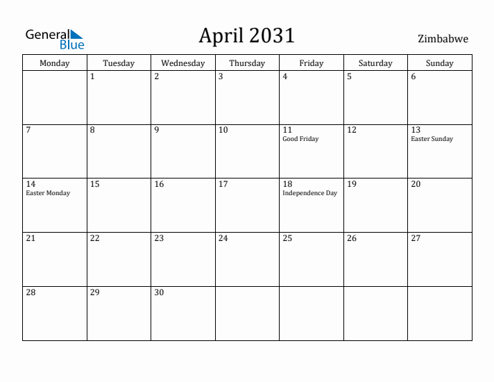April 2031 Calendar Zimbabwe