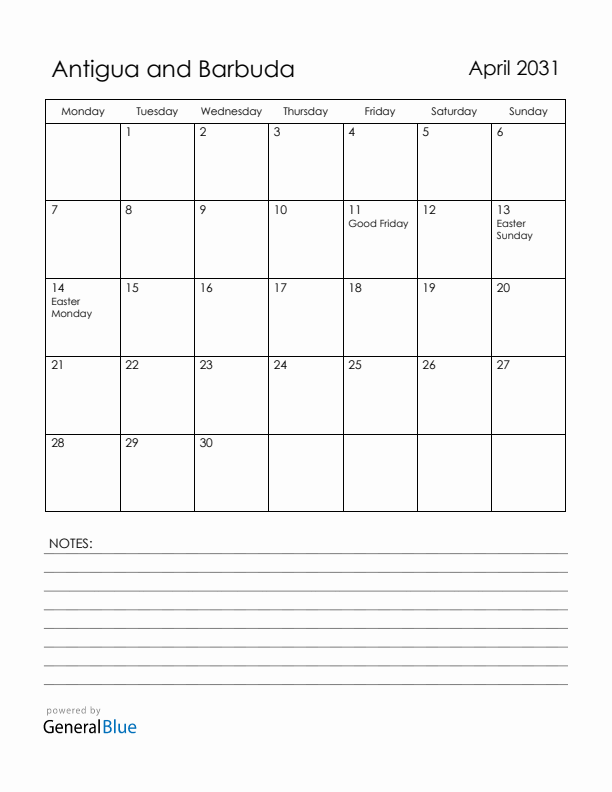 April 2031 Antigua and Barbuda Calendar with Holidays (Monday Start)