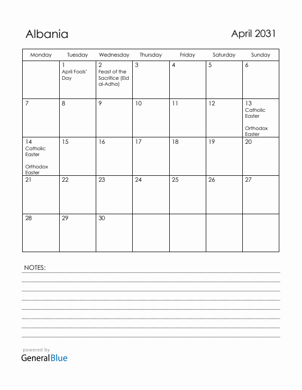 April 2031 Albania Calendar with Holidays (Monday Start)