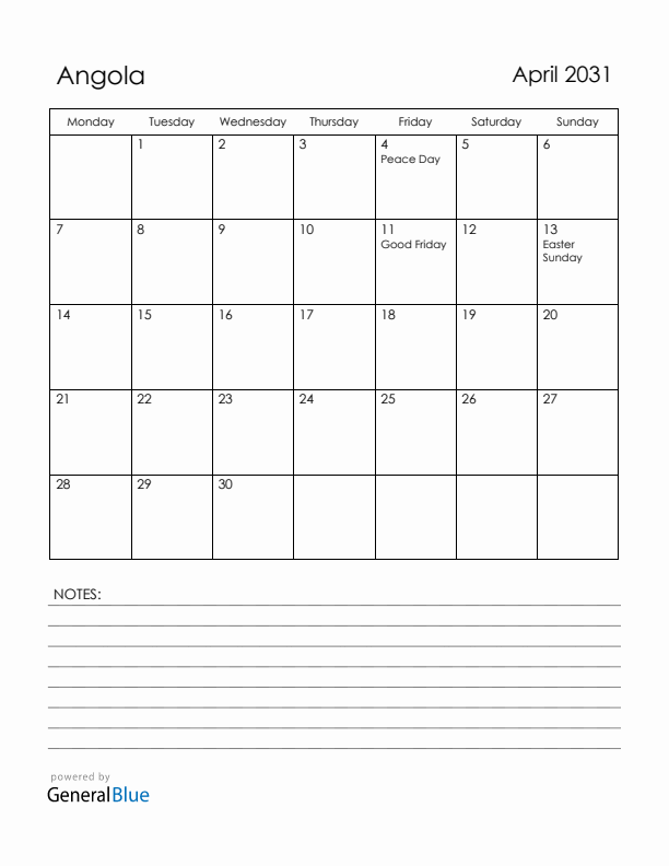 April 2031 Angola Calendar with Holidays (Monday Start)