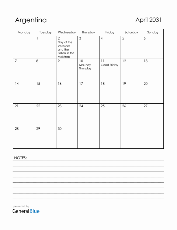 April 2031 Argentina Calendar with Holidays (Monday Start)