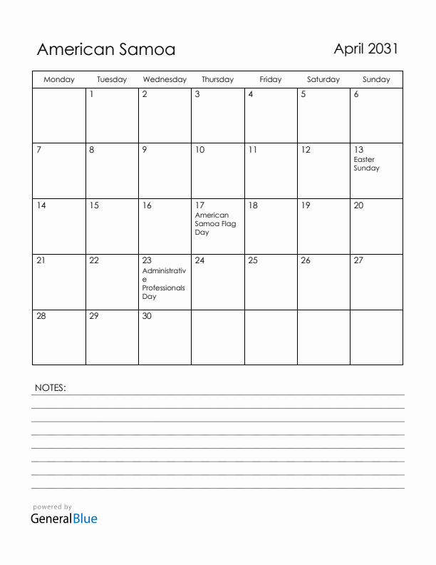 April 2031 American Samoa Calendar with Holidays (Monday Start)
