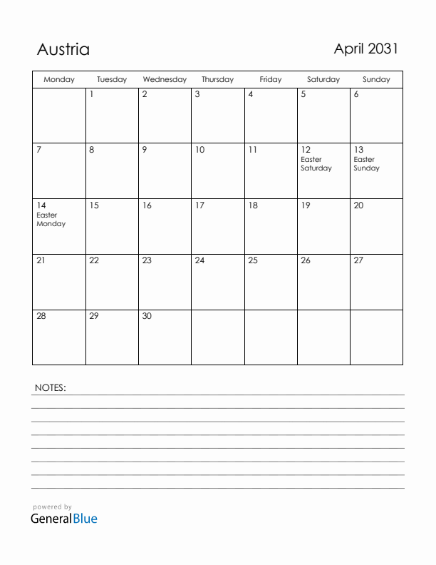 April 2031 Austria Calendar with Holidays (Monday Start)