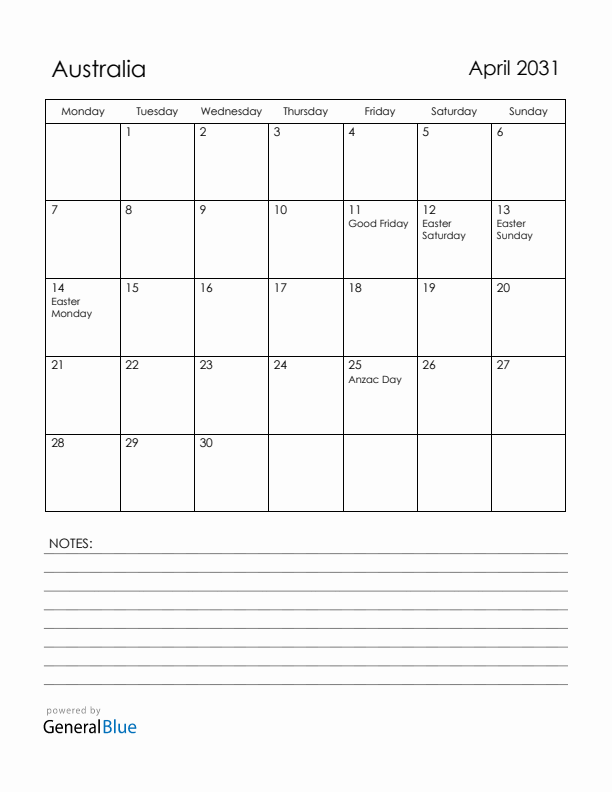 April 2031 Australia Calendar with Holidays (Monday Start)