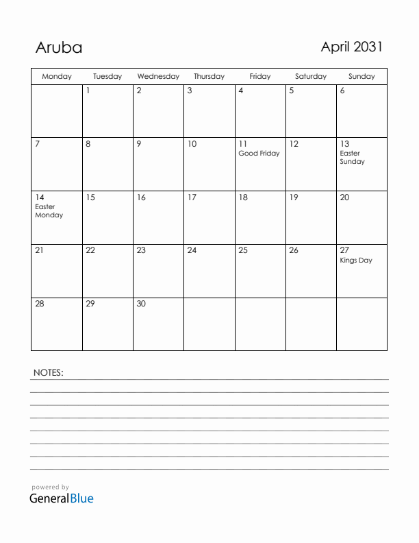 April 2031 Aruba Calendar with Holidays (Monday Start)
