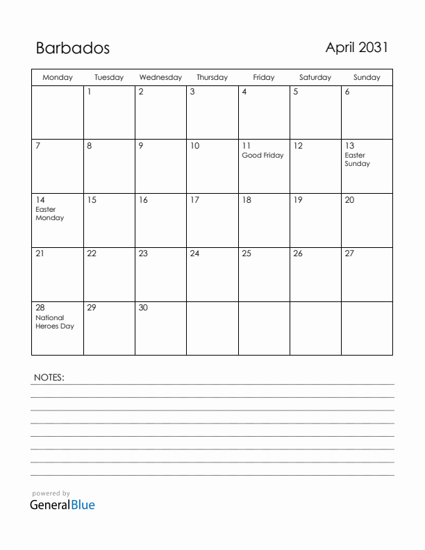 April 2031 Barbados Calendar with Holidays (Monday Start)
