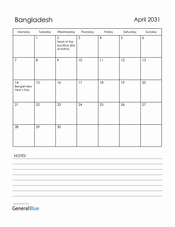 April 2031 Bangladesh Calendar with Holidays (Monday Start)
