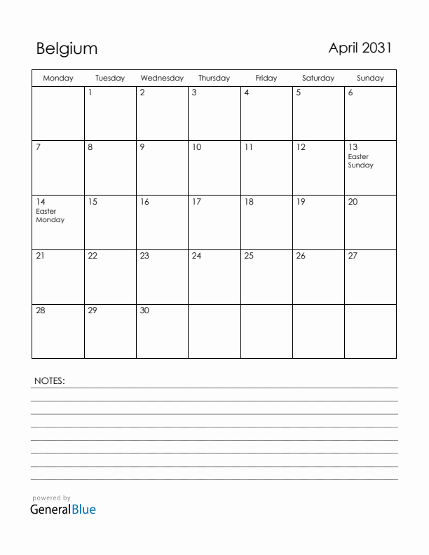 April 2031 Belgium Calendar with Holidays (Monday Start)