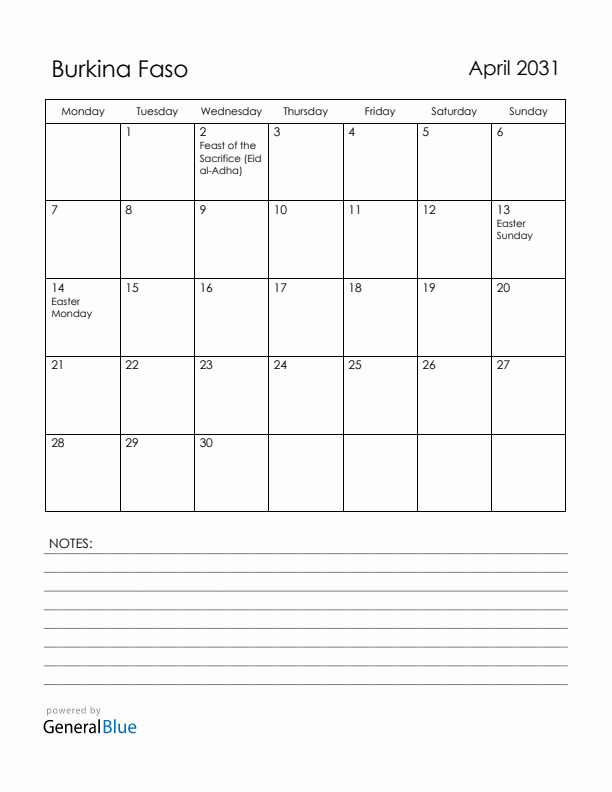 April 2031 Burkina Faso Calendar with Holidays (Monday Start)