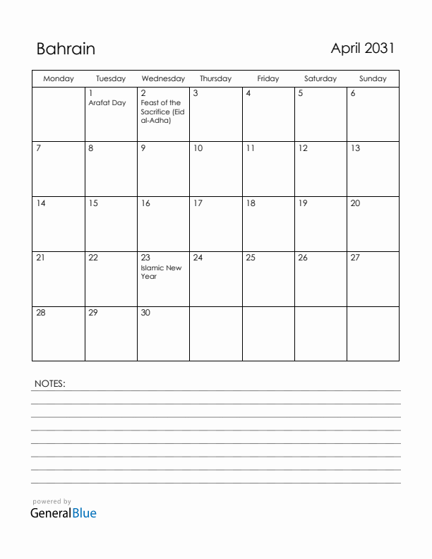 April 2031 Bahrain Calendar with Holidays (Monday Start)