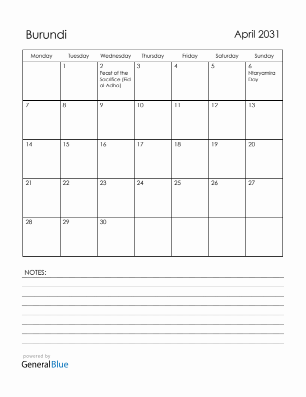 April 2031 Burundi Calendar with Holidays (Monday Start)