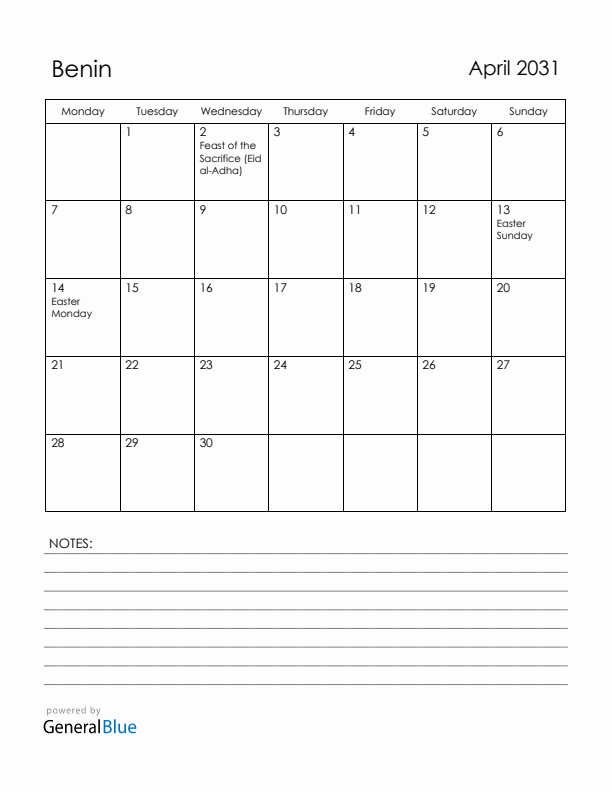 April 2031 Benin Calendar with Holidays (Monday Start)