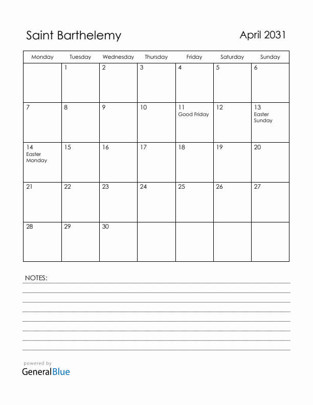 April 2031 Saint Barthelemy Calendar with Holidays (Monday Start)