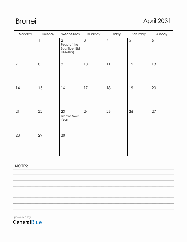April 2031 Brunei Calendar with Holidays (Monday Start)