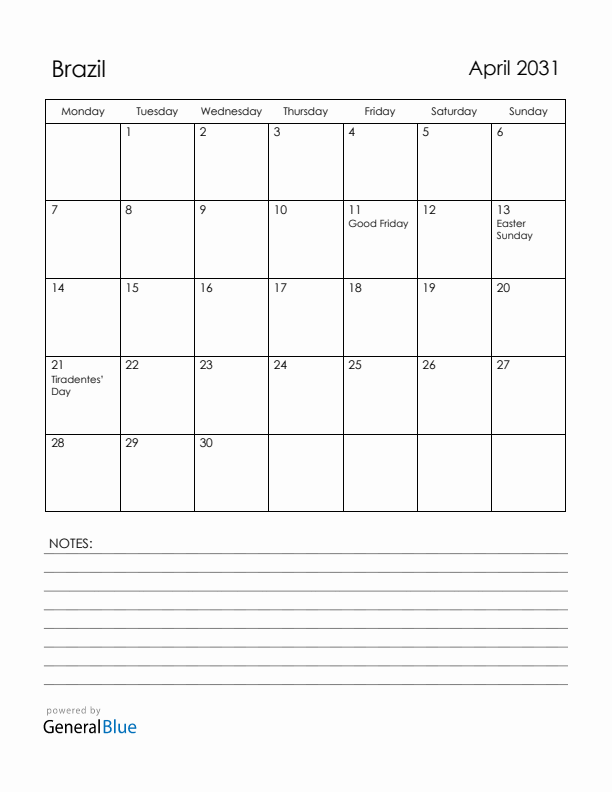 April 2031 Brazil Calendar with Holidays (Monday Start)