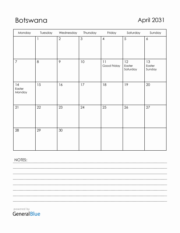 April 2031 Botswana Calendar with Holidays (Monday Start)