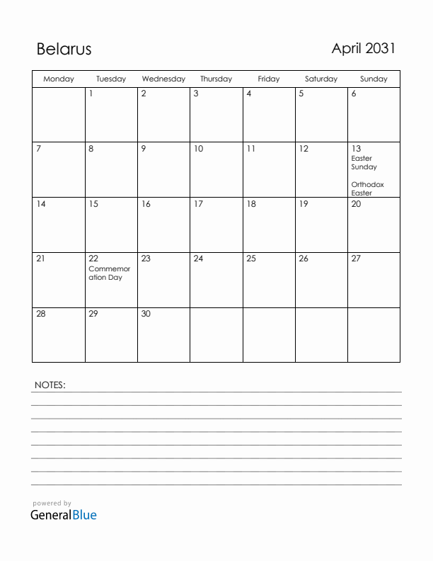 April 2031 Belarus Calendar with Holidays (Monday Start)