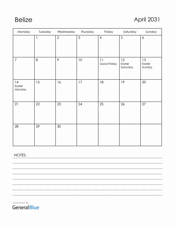 April 2031 Belize Calendar with Holidays (Monday Start)