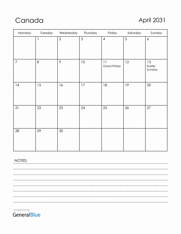 April 2031 Canada Calendar with Holidays (Monday Start)