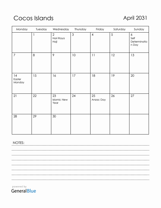 April 2031 Cocos Islands Calendar with Holidays (Monday Start)