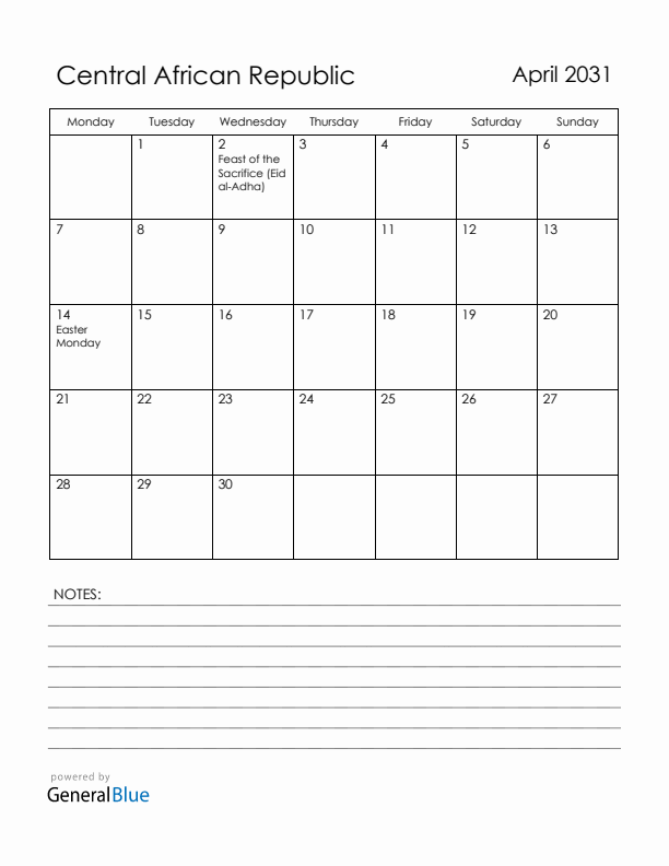 April 2031 Central African Republic Calendar with Holidays (Monday Start)