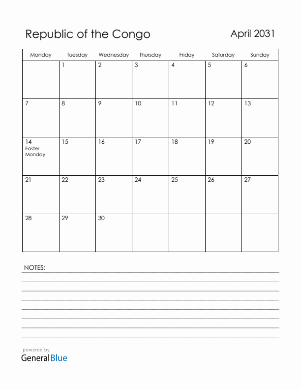 April 2031 Republic of the Congo Calendar with Holidays (Monday Start)