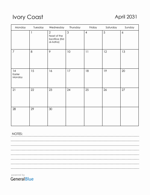 April 2031 Ivory Coast Calendar with Holidays (Monday Start)