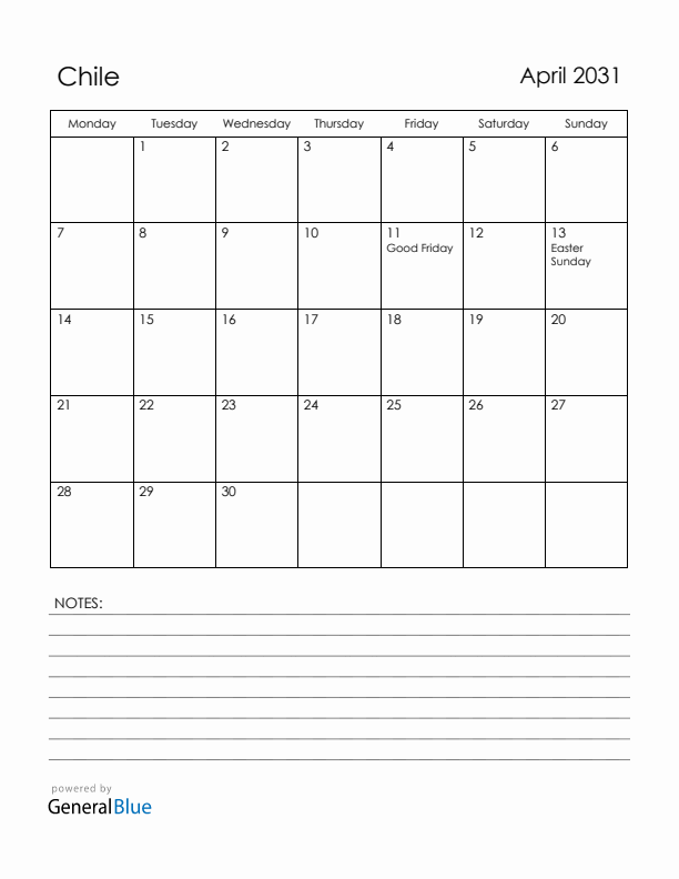 April 2031 Chile Calendar with Holidays (Monday Start)
