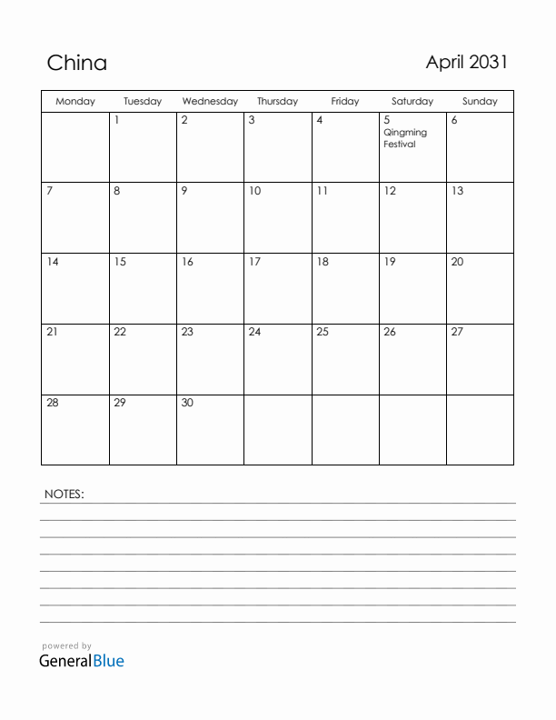 April 2031 China Calendar with Holidays (Monday Start)