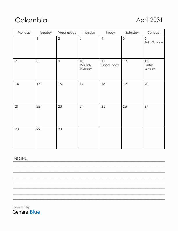 April 2031 Colombia Calendar with Holidays (Monday Start)