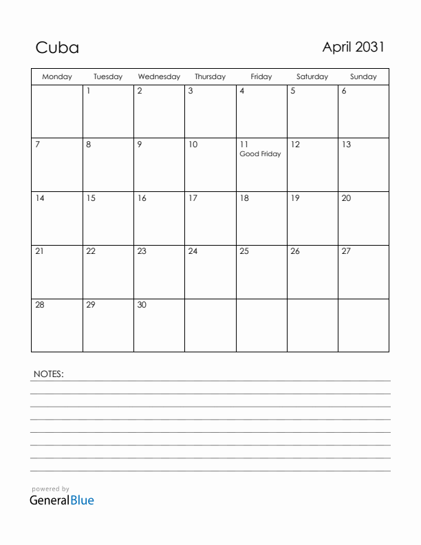 April 2031 Cuba Calendar with Holidays (Monday Start)