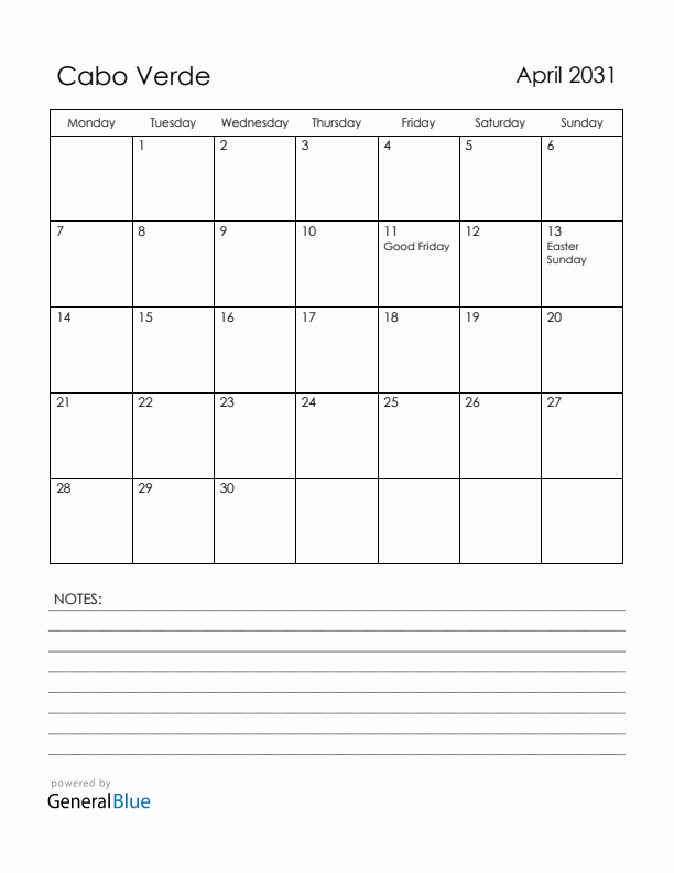 April 2031 Cabo Verde Calendar with Holidays (Monday Start)