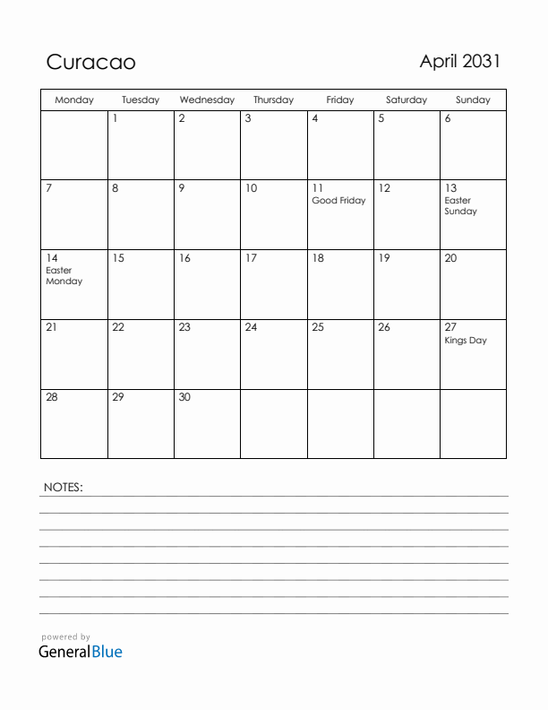 April 2031 Curacao Calendar with Holidays (Monday Start)