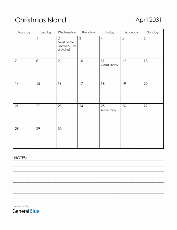 April 2031 Christmas Island Calendar with Holidays (Monday Start)