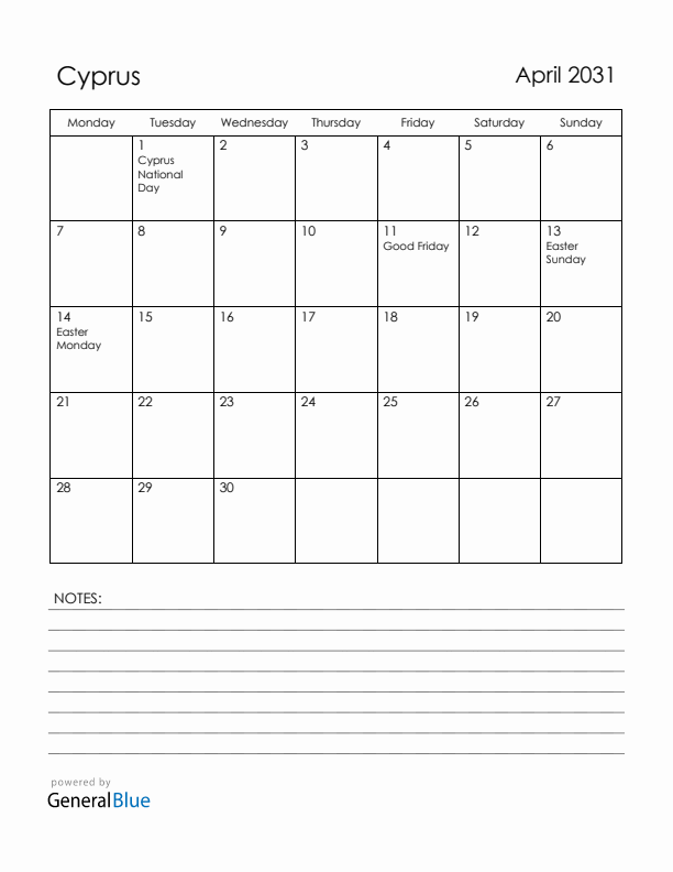 April 2031 Cyprus Calendar with Holidays (Monday Start)