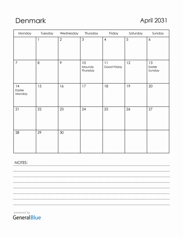 April 2031 Denmark Calendar with Holidays (Monday Start)
