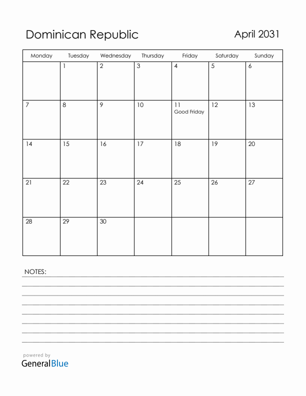 April 2031 Dominican Republic Calendar with Holidays (Monday Start)