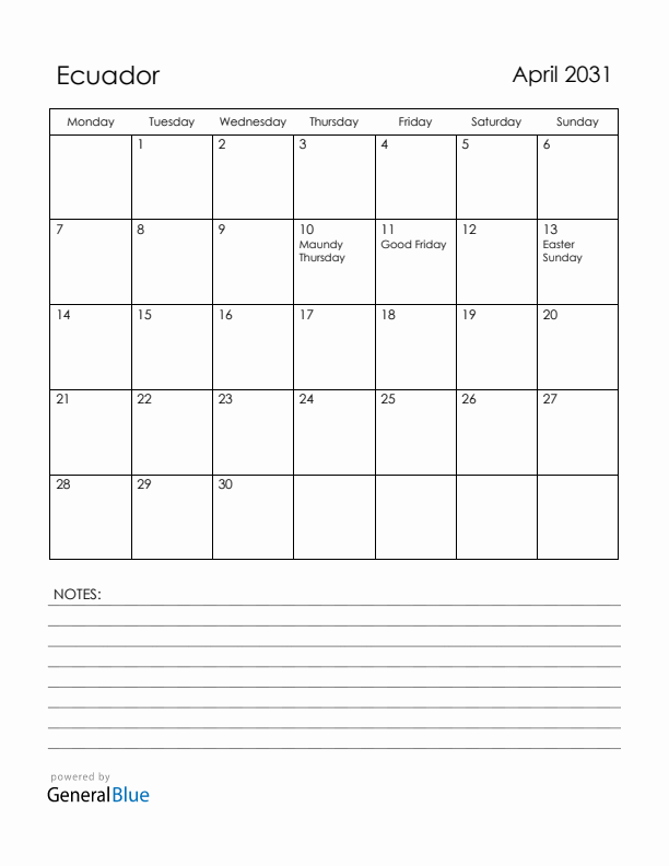 April 2031 Ecuador Calendar with Holidays (Monday Start)