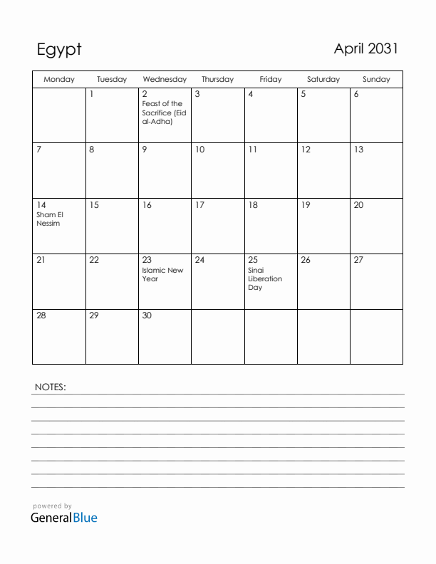 April 2031 Egypt Calendar with Holidays (Monday Start)